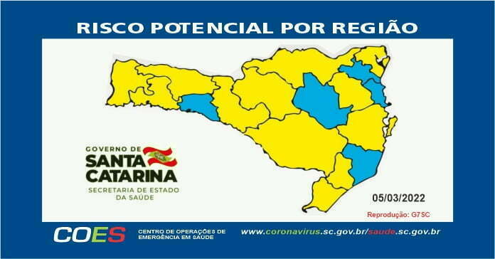 Matriz de risco potencial regionalizado aponta cinco regiões no nível moderado (azul) e 12 no nível alto (amarelo)