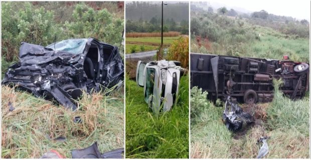 Acidente envolvendo dois carros e caminhão deixa uma pessoa gravemente ferida na BR-470