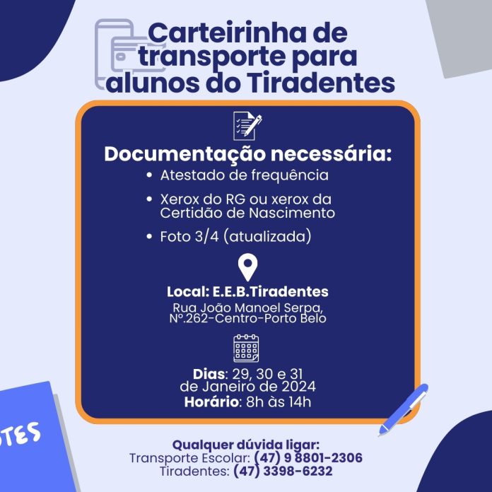Porto Belo divulga datas de inscrições para transporte de alunos do Tiradentes
