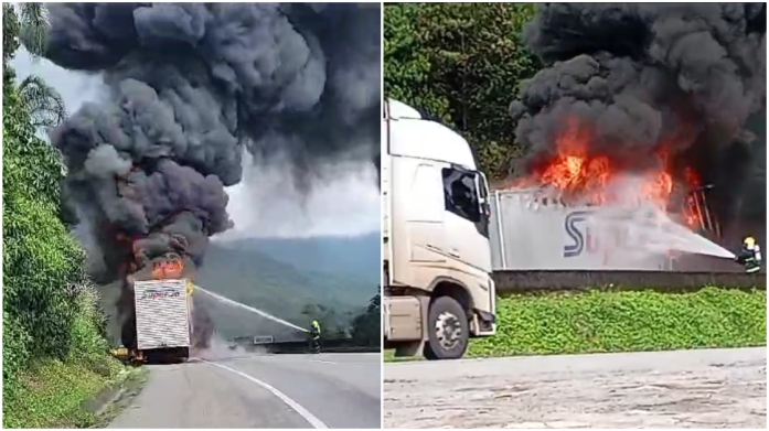 Incêndio em caminhão causa bloqueio total na BR-101 em Garuva