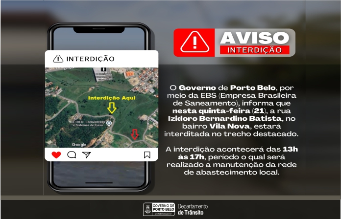 Rua Izidoro Batista será interditada nesta quinta-feira em Porto Belo