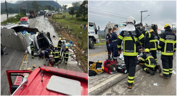 Colisão frontal entre caminhões deixa motorista gravemente ferido em Ilhota