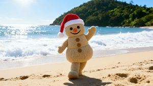 Itapema lança o Feliz Natal 2025 com desfiles, luzes e o mascote Aref, o boneco de areia feliz 2 Mascote Aref