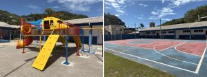 A unidade conta com quadra poliesportiva e parquinho para atividades recreativas