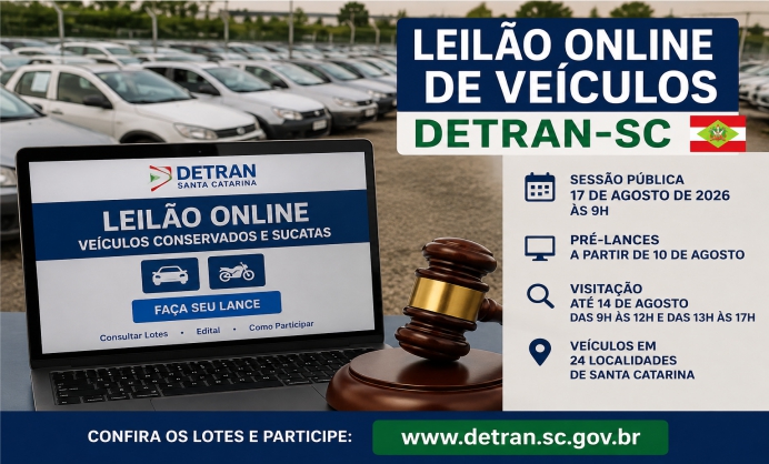 Detran-SC abre leilão online com carros e motos em 24 localidades de SC