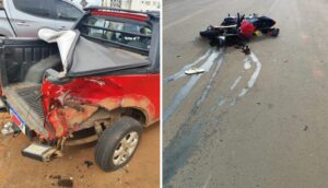 A colisao entre uma Fiat Strada e uma motocicleta terminou com a morte de um jovem de 21 anos