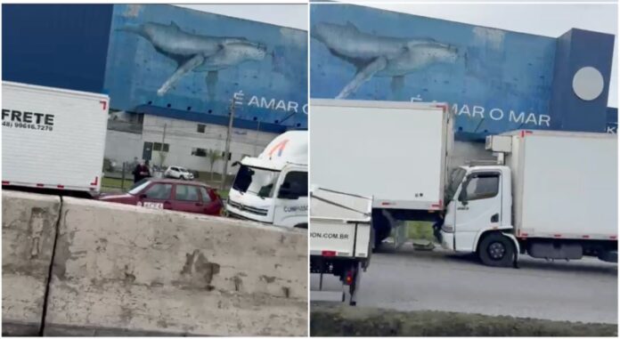 Engavetamento com seis veículos deixa trânsito lento na BR-101, em Itajaí