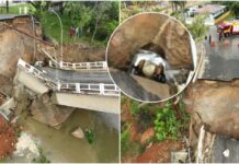 Ponte desaba em Canelinha, carro cai no Rio Tijucas e acidente afeta abastecimento de água