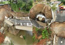 Ponte desaba em Canelinha, carro cai no Rio Tijucas e acidente afeta abastecimento de água